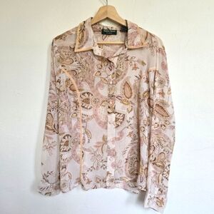 Lemon Grass Studio Sheer Paisley Button Down Blouse XL Pink Beige Boho